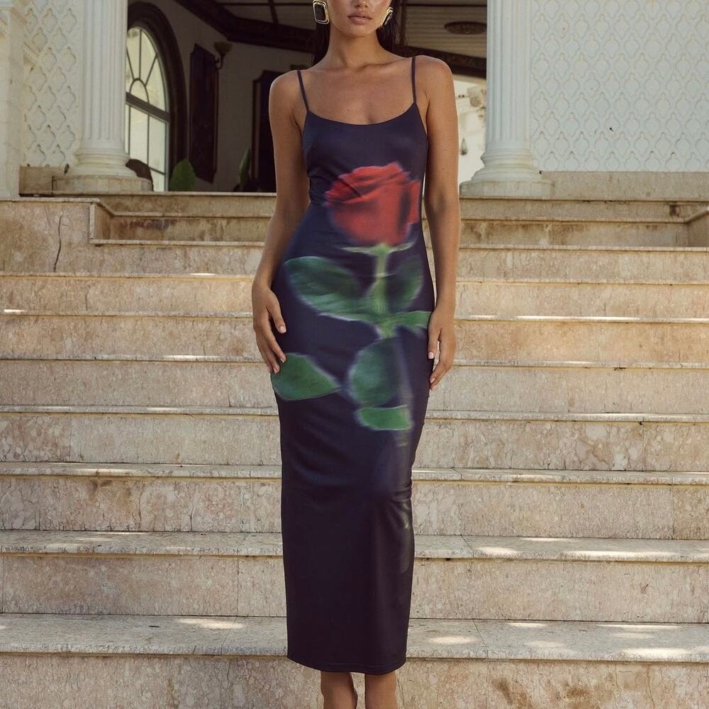 NWT Runaway The Label Deia Midi Dress Black Rose Large Whimsigoth Dark Romantic